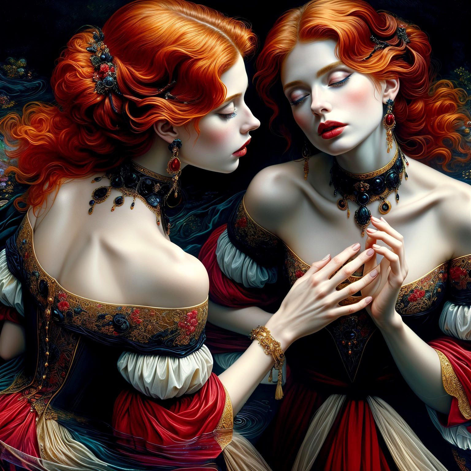 Elegant Figures in Victorian Dresses with Red Hair