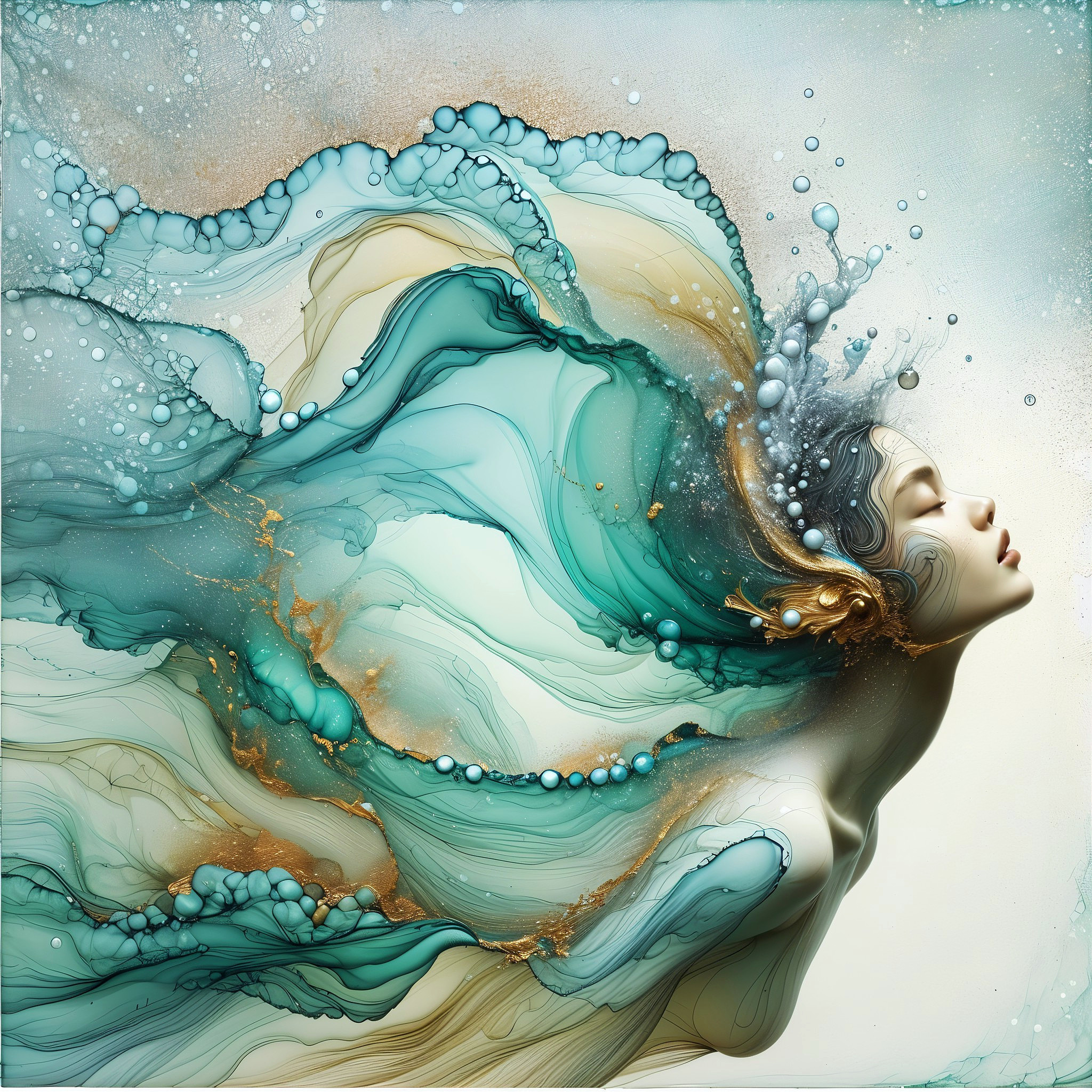 Ethereal figure in turquoise and gold liquid waves