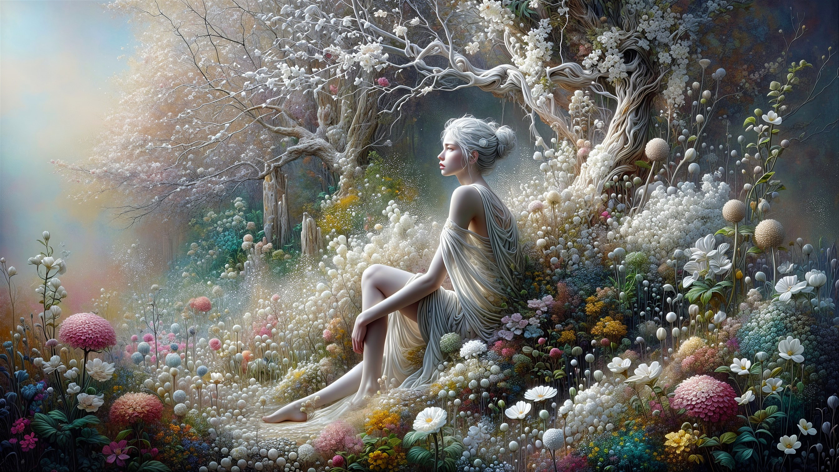 Serene Woman in a Colorful Garden Landscape