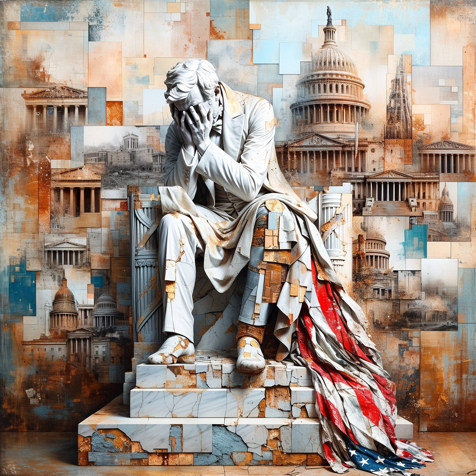 Stylized statue of a seated figure with architectural collage