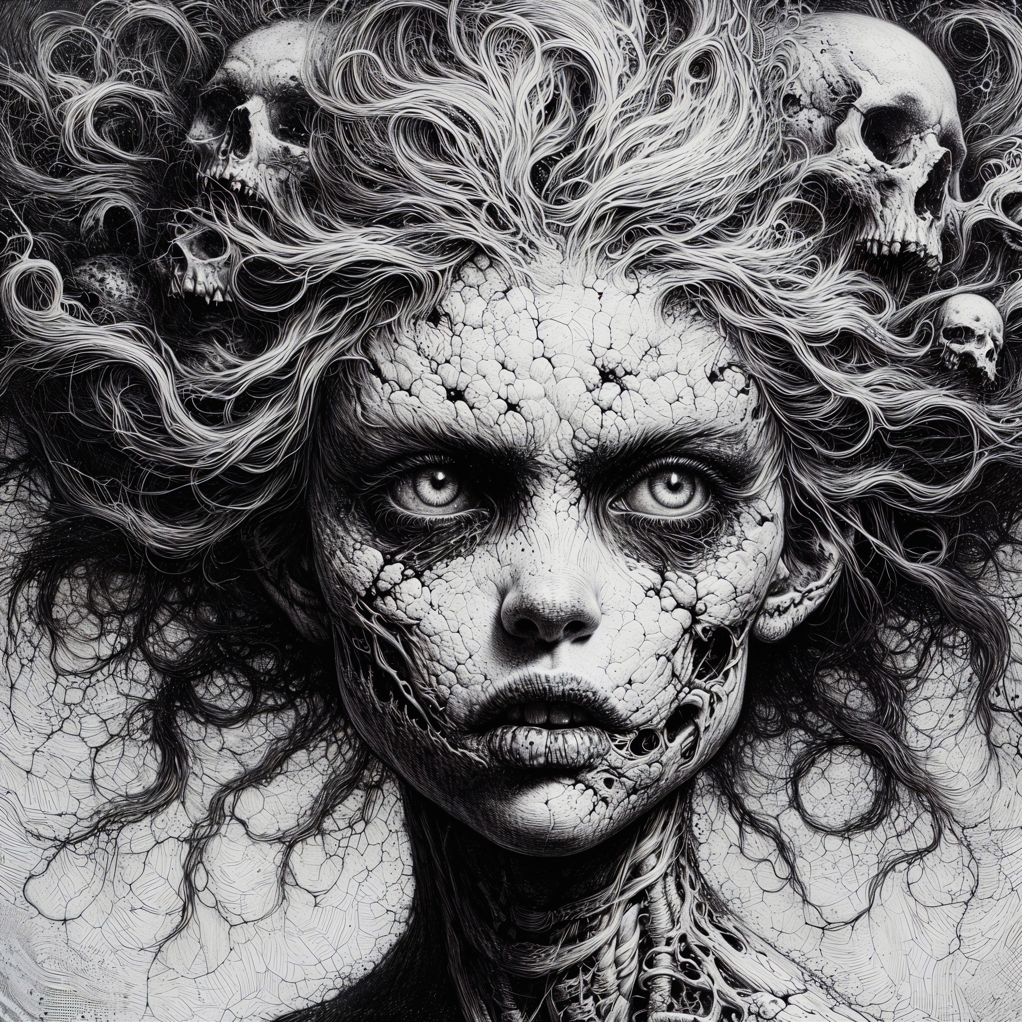 Surreal portrait of a woman with textured skeletal features