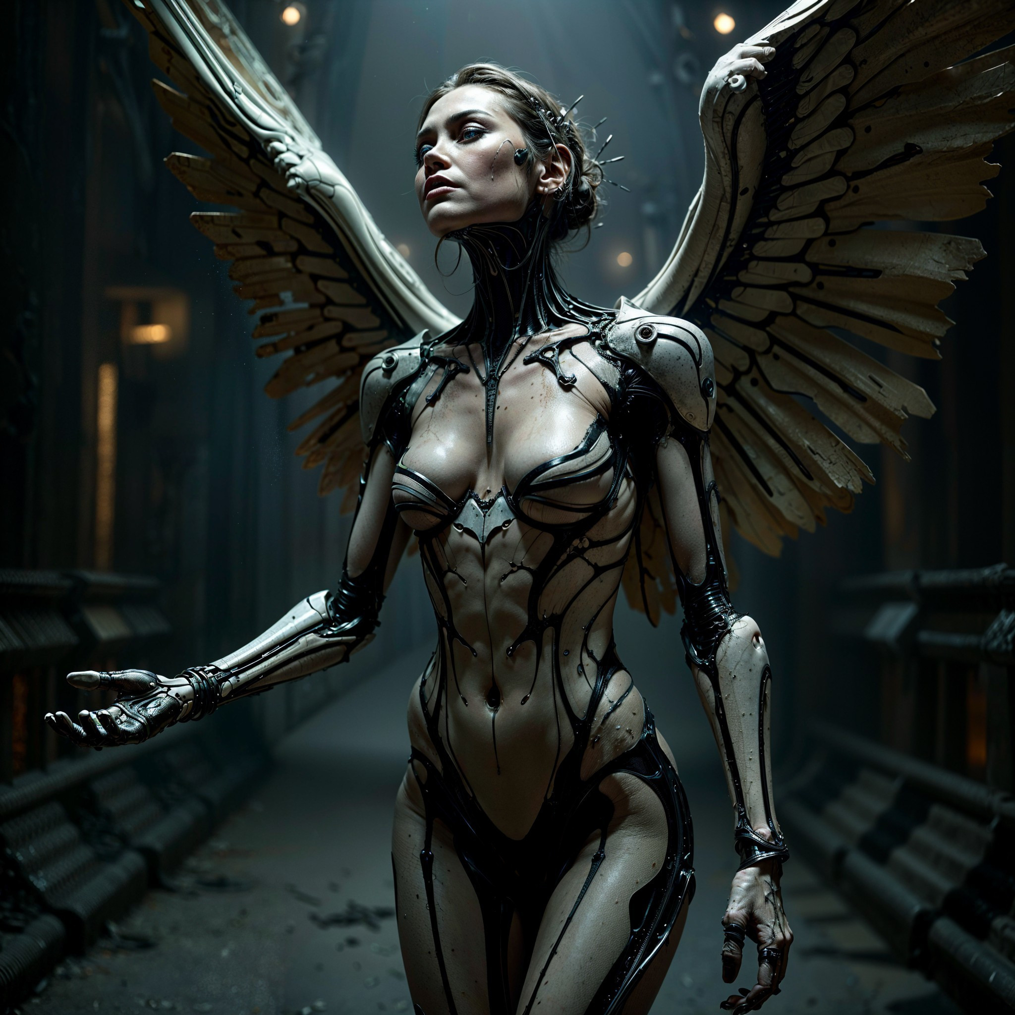 Futuristic humanoid figure with robotic features and wings