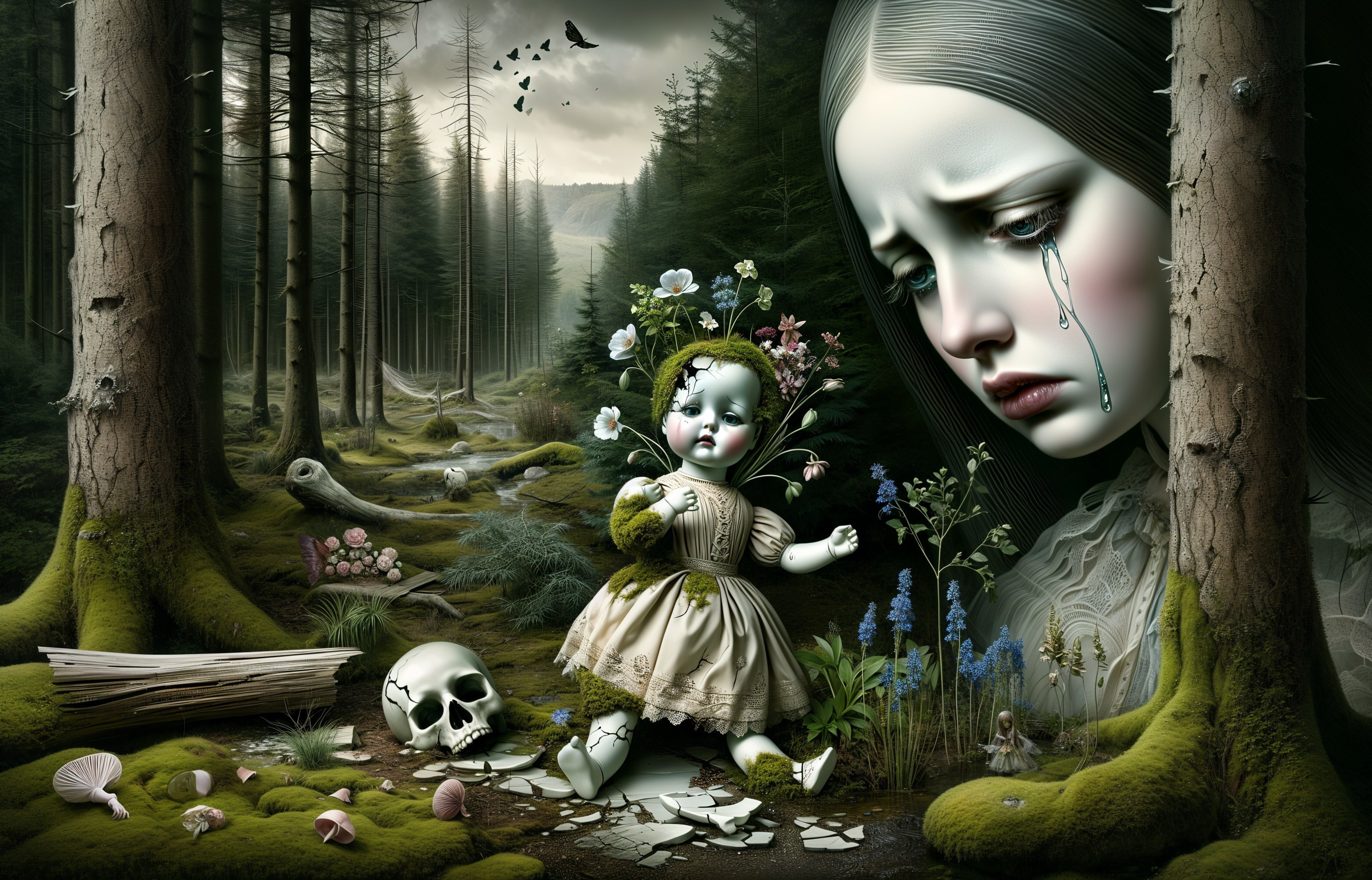 Sorrowful Doll in a Haunting Forest Landscape