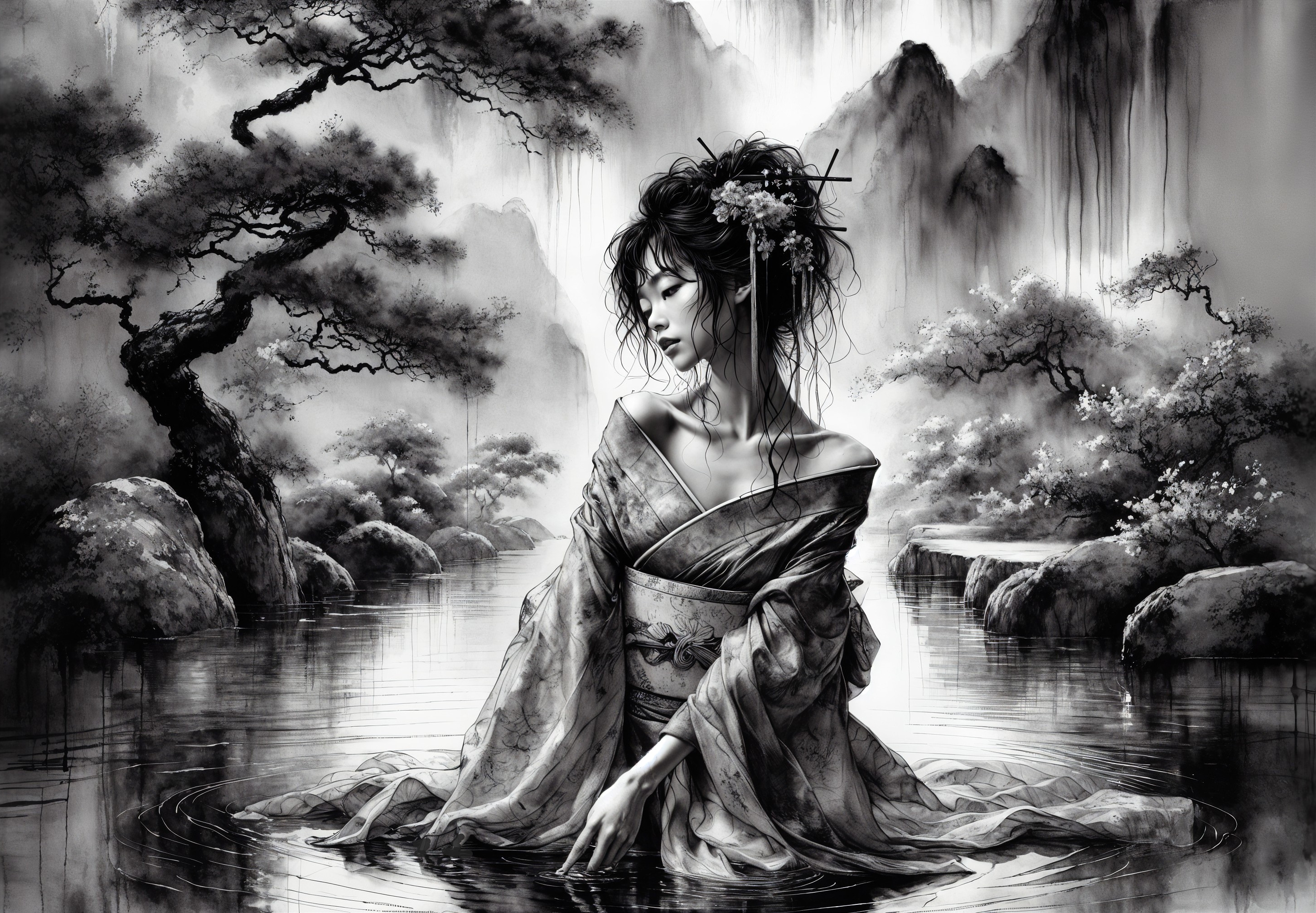 Serene Black and White Scene of a Woman in Kimono