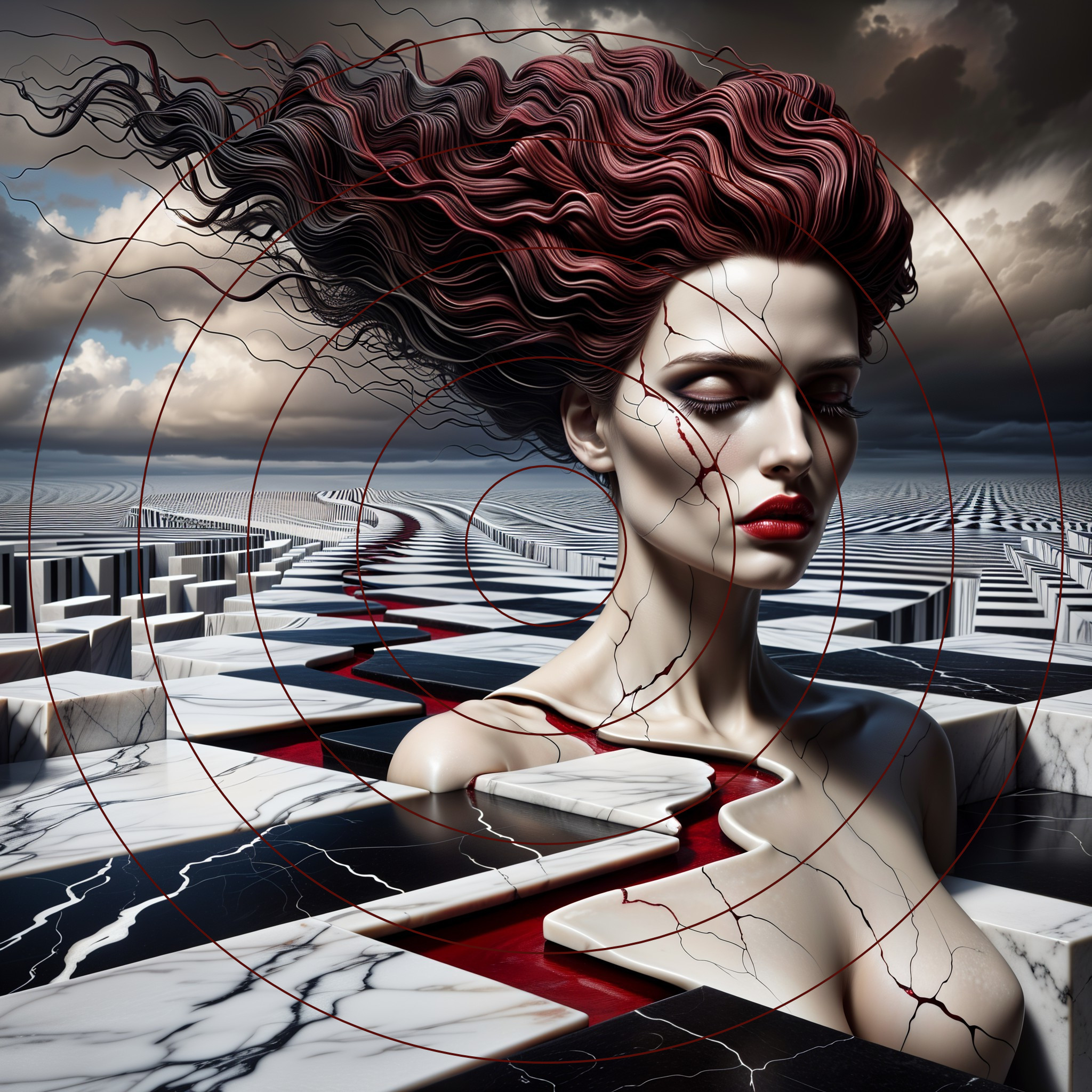 Surreal Female Figure with Textured Hair and Labyrinth Background