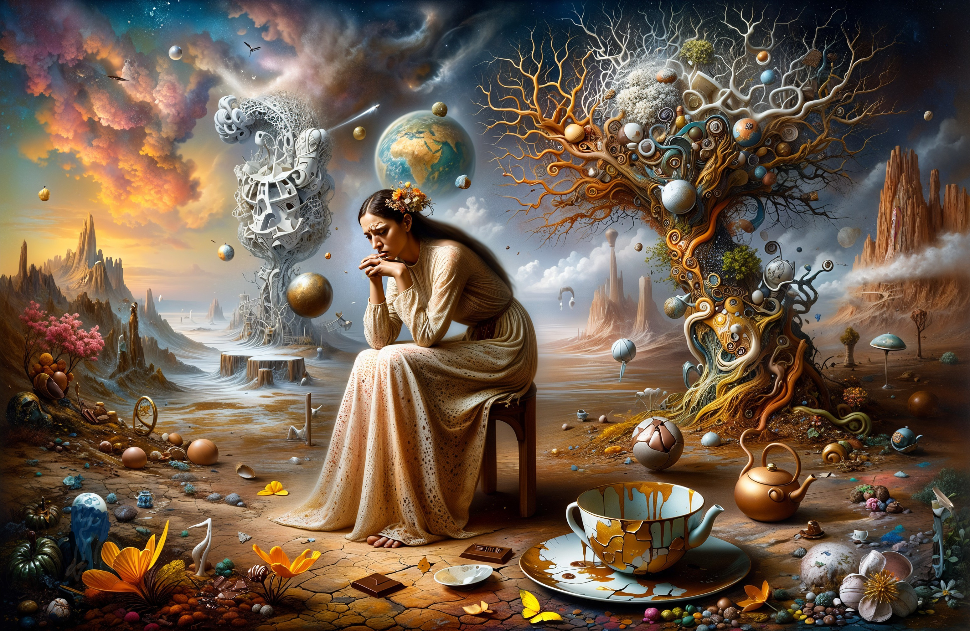 Contemplative Figure in Surreal Landscape with Orbs