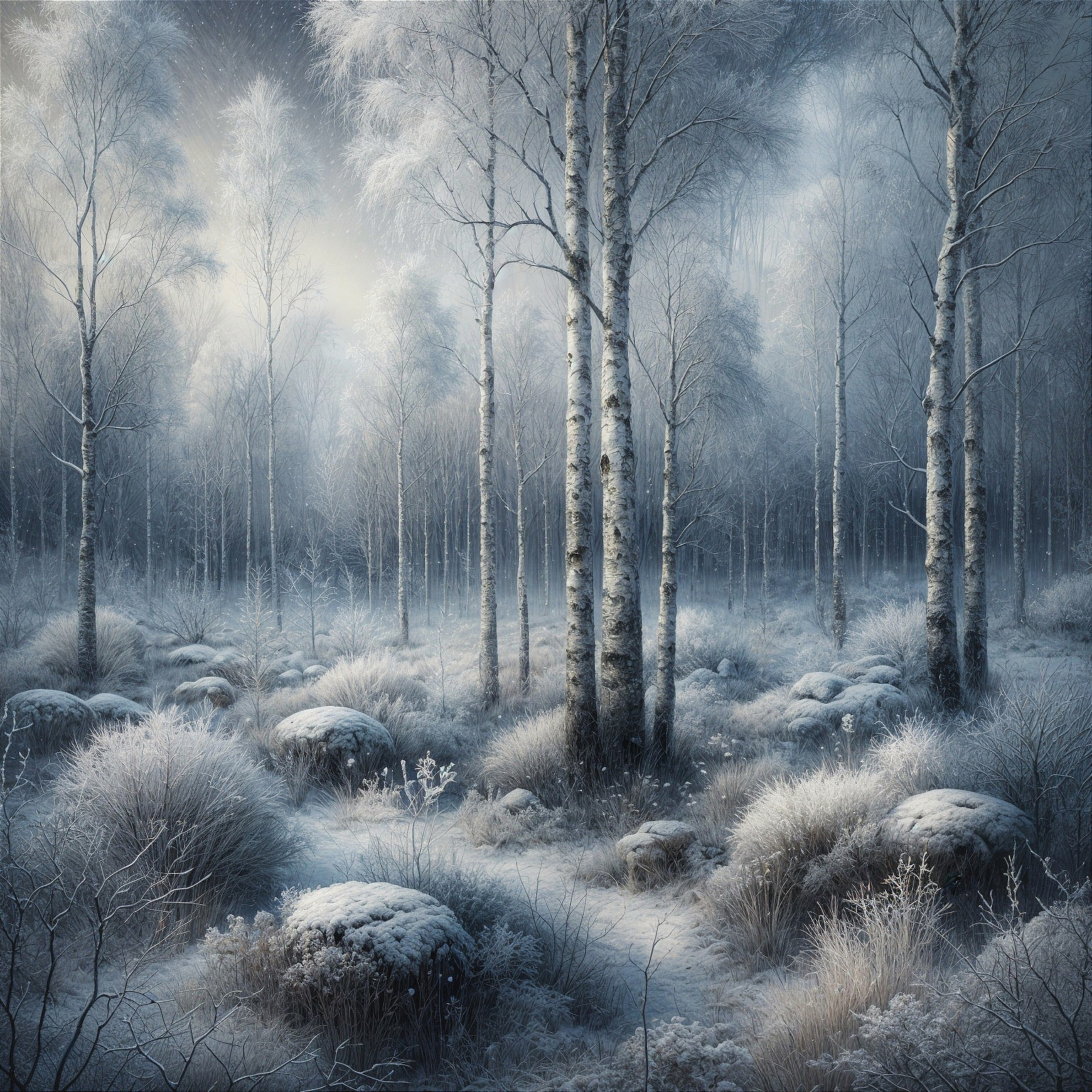 Serene winter landscape with birch trees and snow