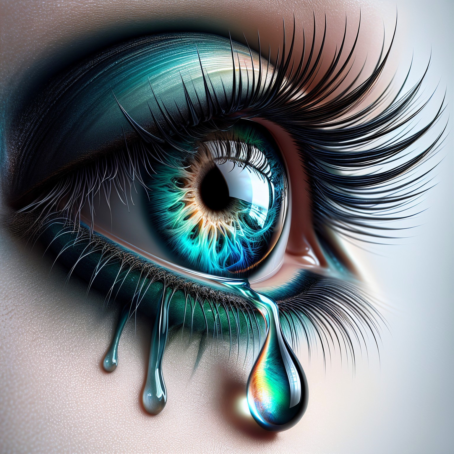 Close-up of a vibrant human eye with teardrop