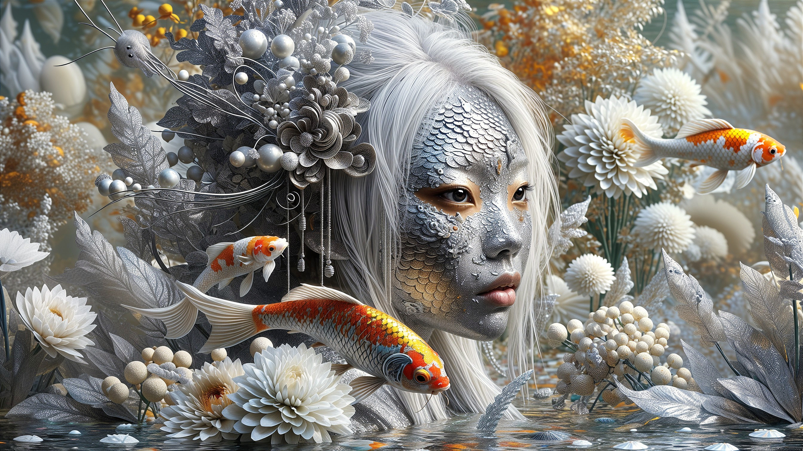 Woman with Silver Scales Amid Ethereal Flowers and Koi Fish