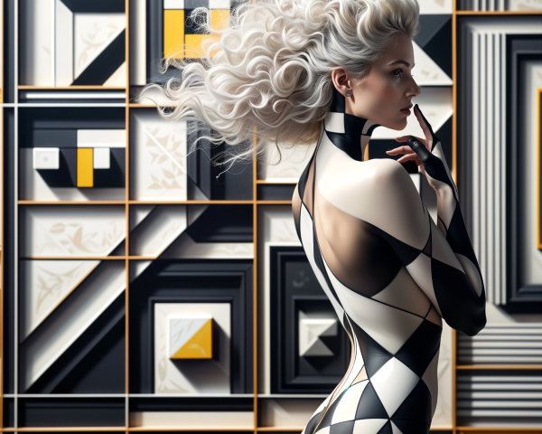 Body Paint Design with Geometric Patterns and 3D Shapes