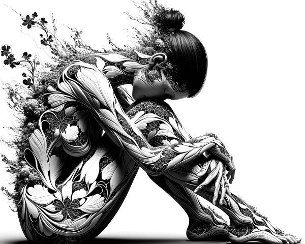 Black-and-White Artwork of Seated Figure with Floral Patterns