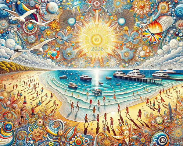Vibrant Mosaic Beach Scene with Ornate Designs