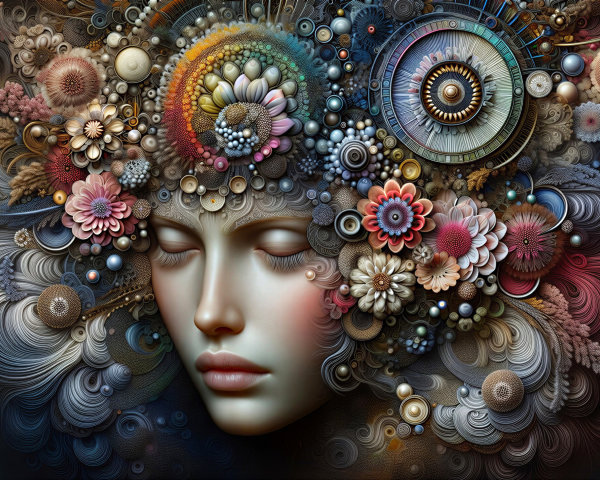 Surreal Face with Floral Patterns and Abstract Designs