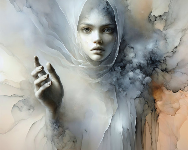 Mysterious Figure with Ethereal Presence and Fabric Wisps