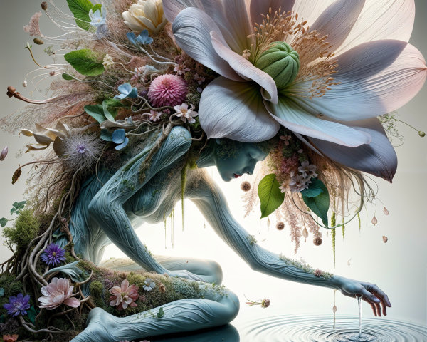 Ethereal Figure Blending with Nature and Water Elements
