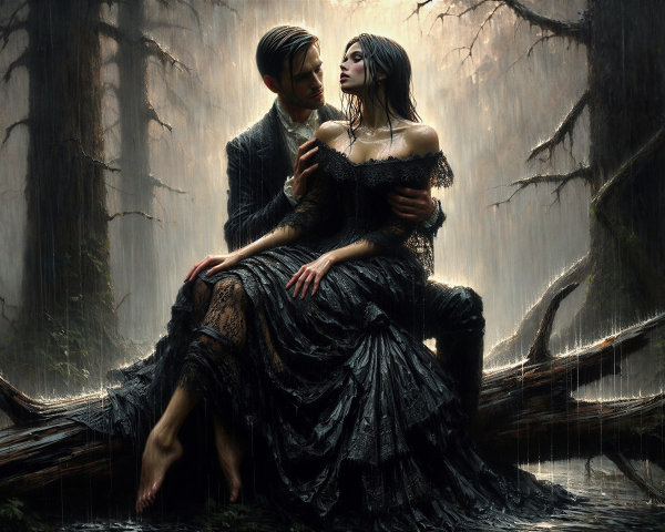 Couple Embracing in Rainy Forest Setting