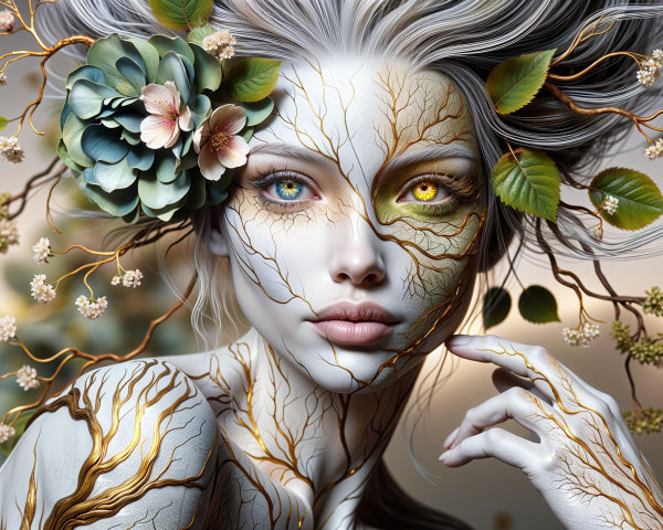 Ethereal Figure with Tree Patterns and Nature Elements