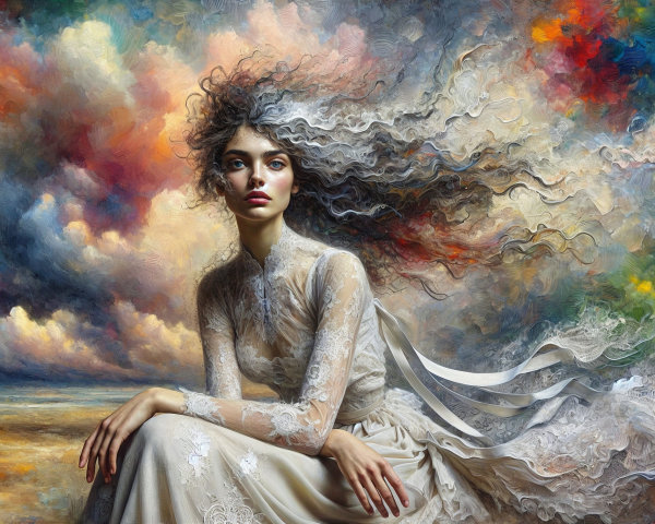Young woman in lace gown against colorful cloud backdrop
