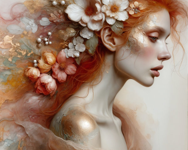 Profile of a Woman with Red Hair and Floral Accents