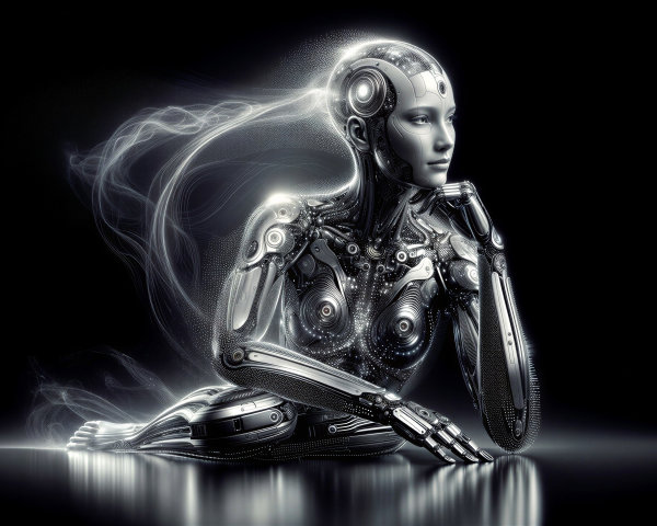 Futuristic humanoid robot with metallic features and smoke