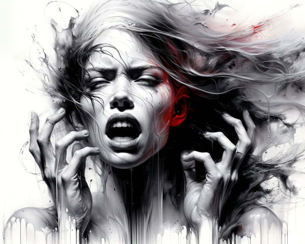 Dramatic Figure with Flowing Hair and Ink Patterns