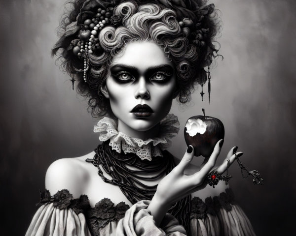 Black-and-white portrait of a woman with dramatic features