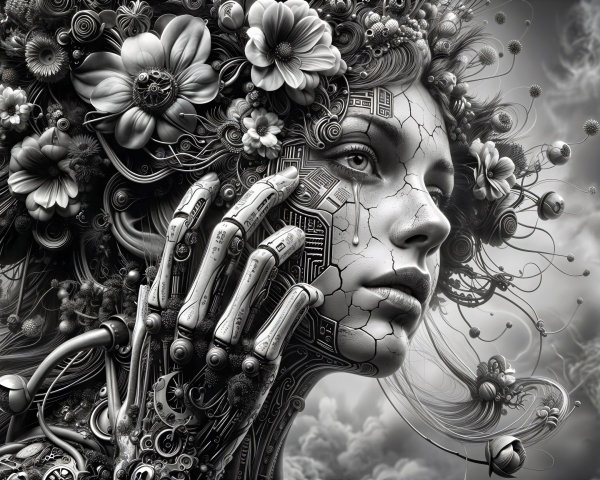 Black and white artistic rendering of a woman's face