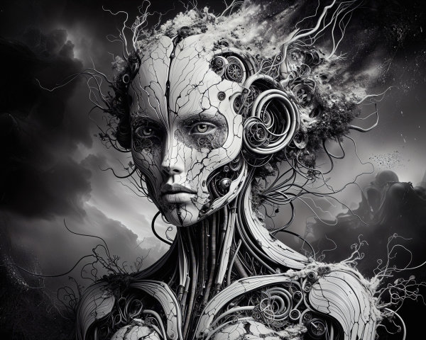 Humanoid Figure Merging Organic and Mechanical Elements