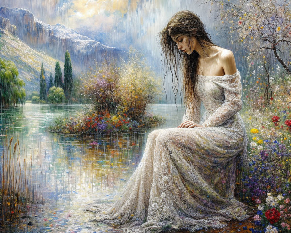 Serene landscape with woman by tranquil lake and flowers