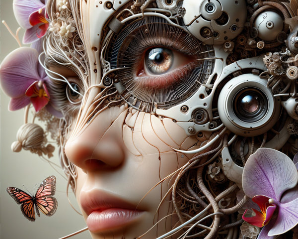 Futuristic Woman with Mechanical Face and Orchids