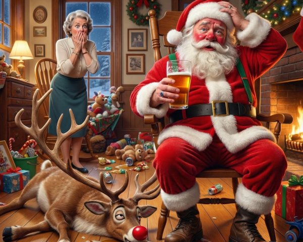 Messy Christmas Living Room with Santa and Reindeer