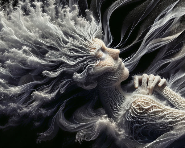 Ethereal Figure with Flowing Hair and Abstract Patterns