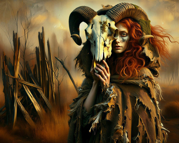 Mysterious Figure with Ram Skull Mask in Desolate Landscape