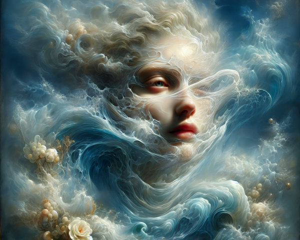 Surreal Ethereal Figure in Dreamlike Clouds and Waves