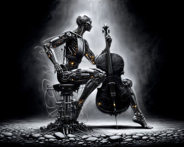 Futuristic Robotic Figure with Cello in Black-and-White