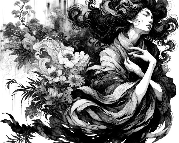 Graceful Figure Surrounded by Floral Designs