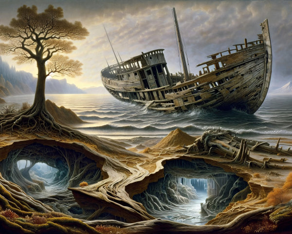 Surreal Landscape with Submerged Ship and Caverns