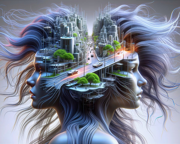 Two Profile Faces Merging with Futuristic Cityscape