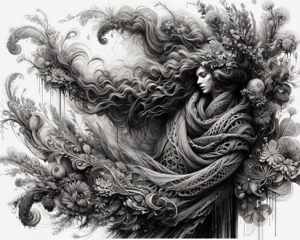 Monochrome Artwork of Woman with Floral Hair Design
