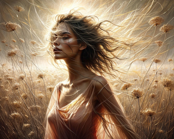 Ethereal Woman in a Flower Field with Radiant Glow
