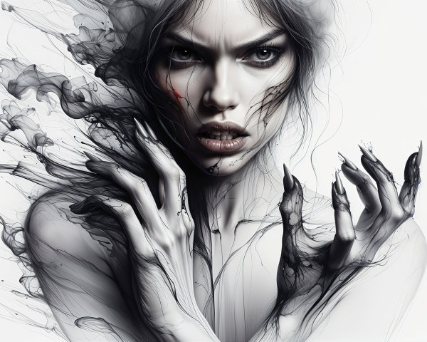 Woman with Emotive Eyes and Dark Abstract Elements