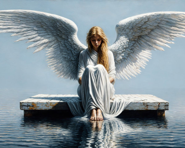 Angelic Figure on Wooden Platform in Calm Water