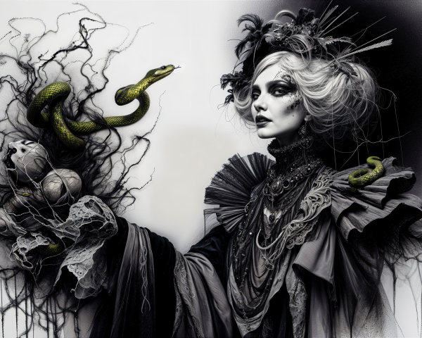 Gothic Portrait of Woman in Dark Attire and Snake