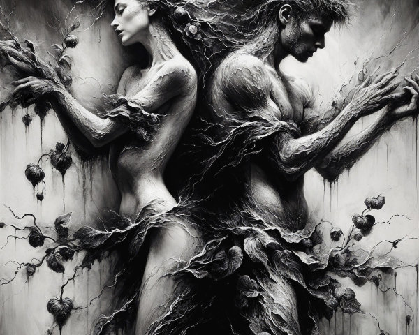 Entwined Figures in Nature-Inspired Artwork