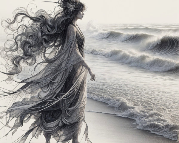 Graceful Figure by the Shore in Monochromatic Scene