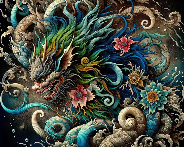 Intricate Mythical Creature with Colorful Hair and Details