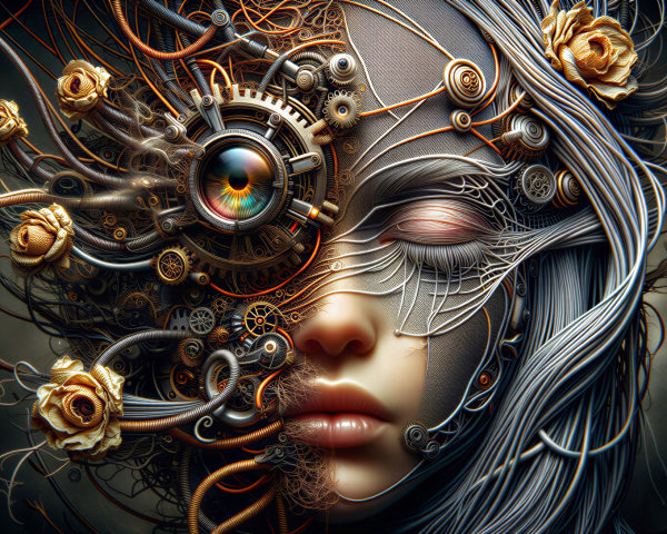 Woman's Face Merged with Gears and Flowers