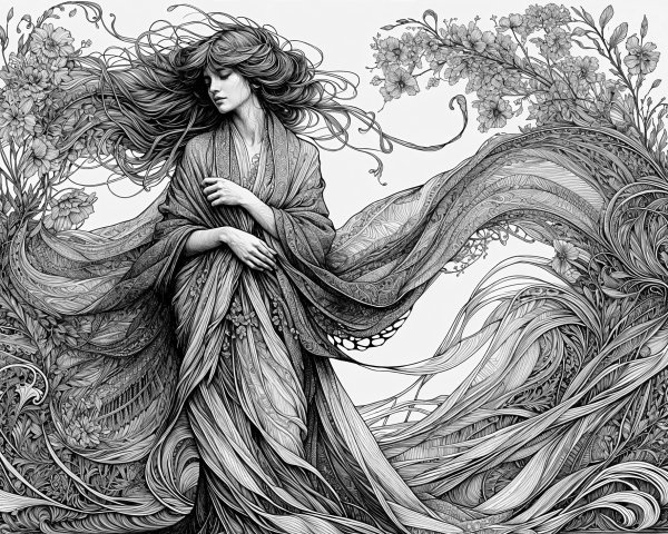 Ethereal figure in floral designs and flowing garments