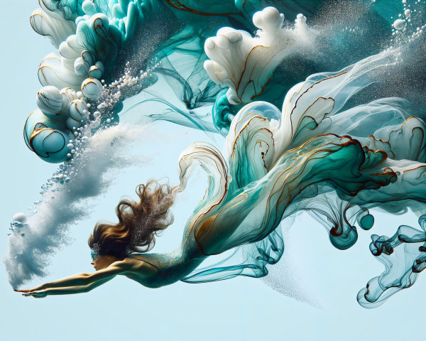 Ethereal figure swimming in aqua-colored waters