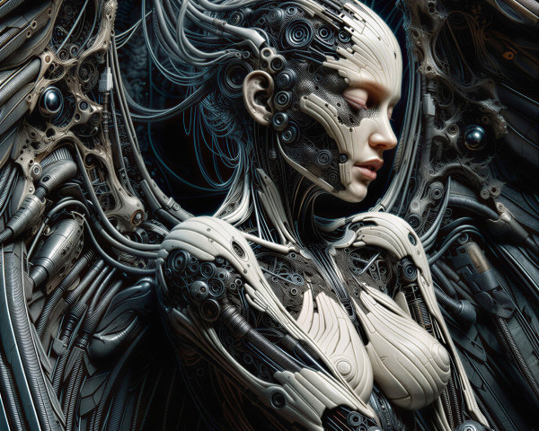Futuristic humanoid figure with mechanical components